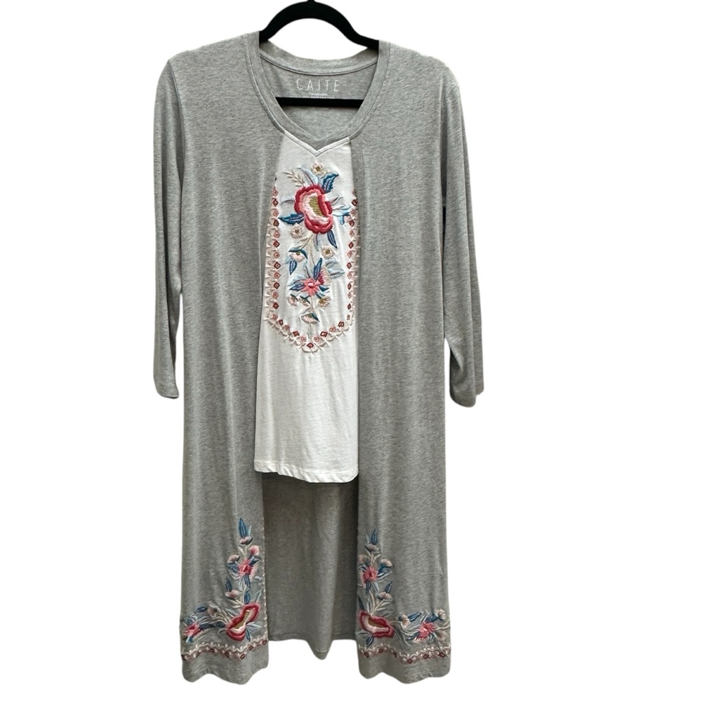 Caite Embroidered Cardigan Long Gray Top Cardigan Attached Size Small